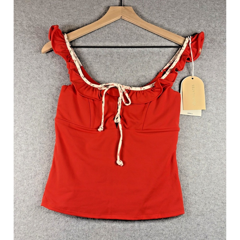 Blogilates Ruffle Lace Up Tie Tank Top Red Scoop Neck Stretch Yoga - Small